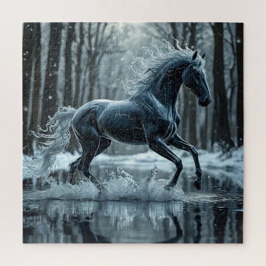 Puzzle Beau Cheval Noir Galopant Dans L'Eau (Vertical)
