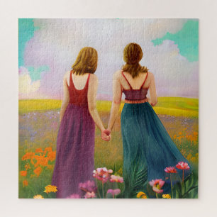 Puzzle Beau couple lesbien dans le domaine des fleurs