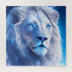 Puzzle Beau Lion Mystique Blanc aux Yeux Bleus  