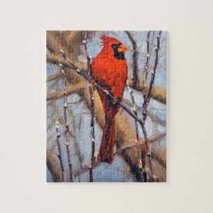 Puzzle Beau oiseau cardinal rouge dans l'arbre nu