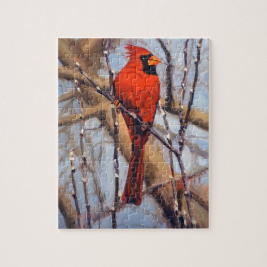 Puzzle Beau oiseau cardinal rouge dans l'arbre nu (Vertical)