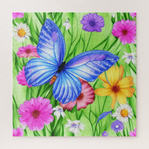 Puzzle Beau Papillon Bleu avec fleurs Aquarelle
