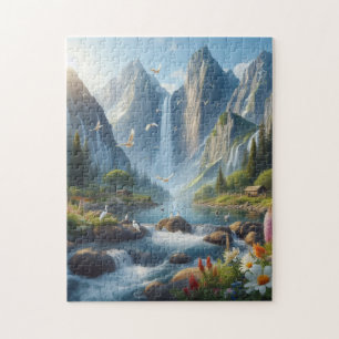 Puzzle Beau paysage avec montagnes et cascades