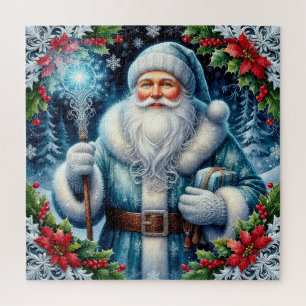 Puzzle Beau Père Noël en bleu avec des décorations hivern