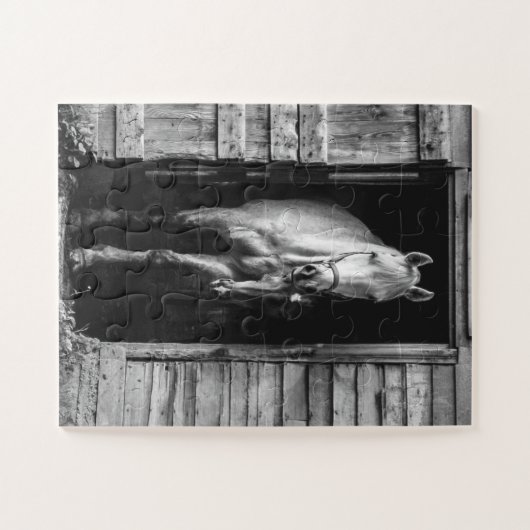 Puzzle Beautiful Horses Rustic Barn B&W Oversized (Horizontal)