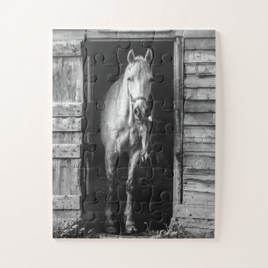Puzzle Beautiful Horses Rustic Barn B&W Oversized (Vertical)