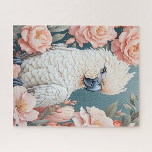 Puzzle Bébé mignon Cockatoo Parrot Fleurs roses douces (Horizontal)