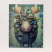 Puzzle Bébé mignon Moose Bleu Fleurs blanches Peinture (Vertical)