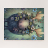 Puzzle Bébé mignon Moose Bleu Fleurs blanches Peinture (Horizontal)
