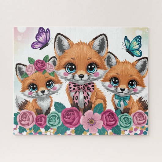 Puzzle Bébé renard mignon avec des fleurs (Horizontal)