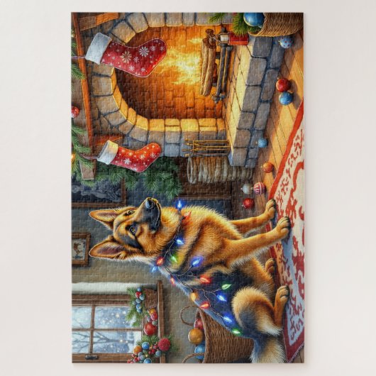 Puzzle Belgian Shepherd Fireplace with Christmas Lights (Vertical)