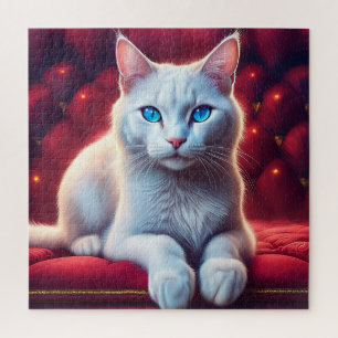 Puzzle Belle Albino Bleu Oyé Chat Sur Canapé Rouge Exotiq