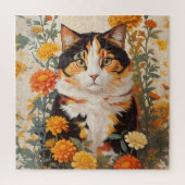 Puzzle Belle Chat Calico Avec Fleurs Marigold (Vertical)