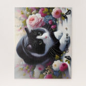 Puzzle Belle Chat et Fleurs Noir et Blanc (Vertical)