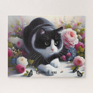 Puzzle Belle Chat et Fleurs Noir et Blanc
