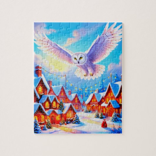 Puzzle Belle Chouette neigeuse survolant le village de No (Vertical)