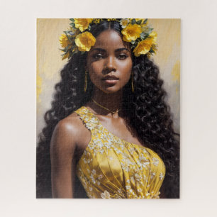 Puzzle Belle femme noire en portrait floral jaune