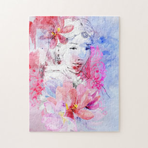 Puzzle Belle fille avec un bouquet des fleurs