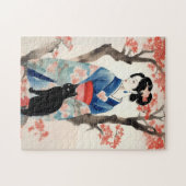 Puzzle Belle fille japonaise avec un chat noir (Horizontal)