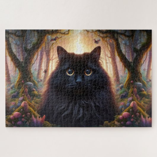 Puzzle Belle Fluffy Chat Noir avec yeux or (Horizontal)