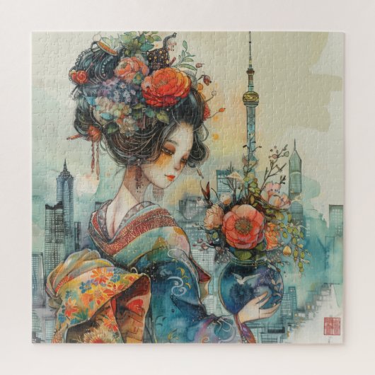 Puzzle Belle Geisha avec Fleurs (Vertical)