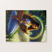 Puzzle Belle Jeune Femme Assis avec le Cerf et Lis (Horizontal)