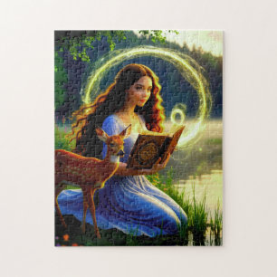 Puzzle Belle Jeune Femme Assis avec le Cerf et Lis