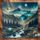 Puzzle Belle scène de Camping avec Montagnes et Tente<br><div class="desc">Une belle illustration de camping d'une tente installée à côté du ruisseau avec un arrière - plan de montagne et les aurores boréales et la pleine lune dans le ciel.</div>