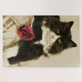 Puzzle Belle Tuxedo Chat avec Rose rouge sur Sepia (Horizontal)