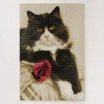 Puzzle Belle Tuxedo Chat avec Rose rouge sur Sepia<br><div class="desc">Ce puzzle de jigscie présente une belle photo d'un long chat tuxedo noir et blanc aux cheveux longs avec une rose rouge sur un arrière - plan sépia tonique. Parfait pour les amoureux de les chats de toutes sortes.</div>