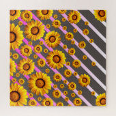 Puzzle Belles fleurs jaunes sur gris, rayures roses (Horizontal)