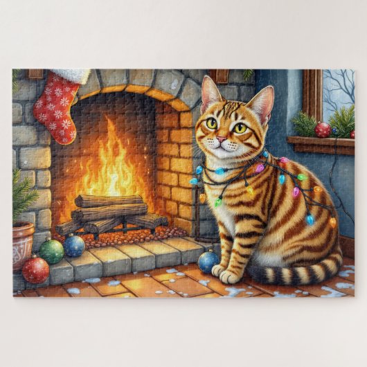 Puzzle Bengal Cat Fireplace with Christmas Lights (Horizontal)