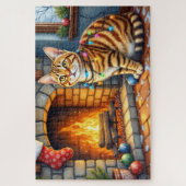 Puzzle Bengal Cat Fireplace with Christmas Lights (Vertical)