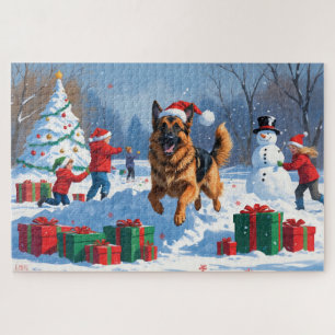 Puzzle Berger Allemand courant dans la neige avec un chap