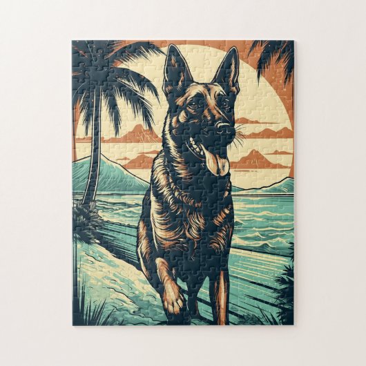 Puzzle berger allemand sur une plage tropicale au coucher (Vertical)
