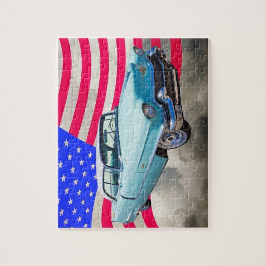 Puzzle Berline 1956 Deville Cadillac et drapeau américain (Vertical)