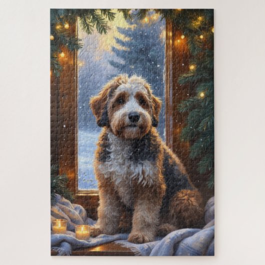 Puzzle bernedoodle avec lumières de Noël vacances (Vertical)