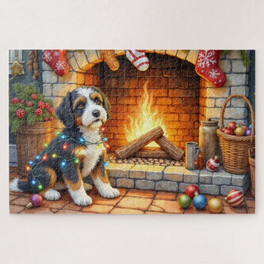 Puzzle Bernedoodle Cheminée avec Lumières de Noël (Horizontal)