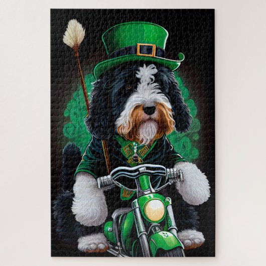 Puzzle Bernedoodle Chien conduisant vélo St. Patrick's Da (Vertical)