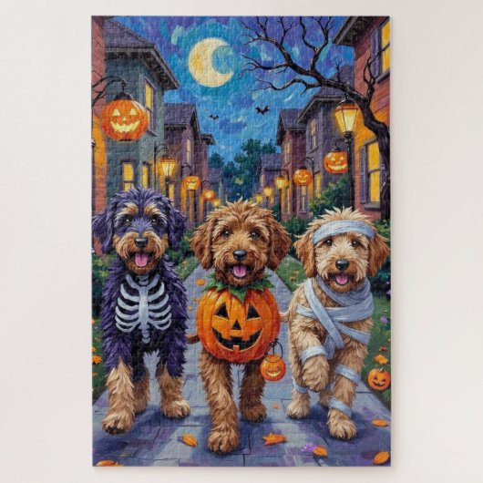 Puzzle Bernedoodle Dogs Trick or Treating in Halloween Co (Vertical)