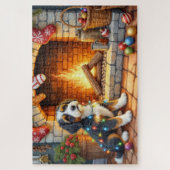 Puzzle Bernedoodle Fireplace with Christmas Lights (Vertical)