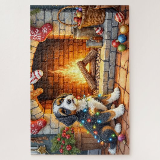 Puzzle Bernedoodle Fireplace with Christmas Lights (Vertical)