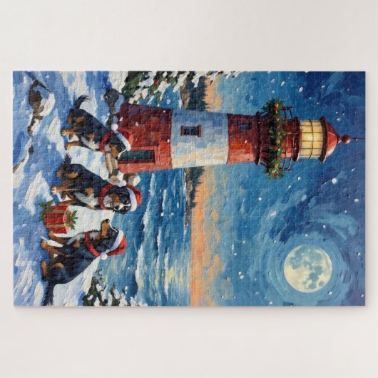 Puzzle Bernese Mountain Dog Christmas Lighthouse Holiday (Horizontal)