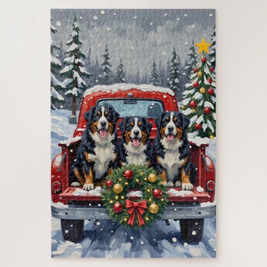 Puzzle Bernese Mountain Dog Christmas Red Truck Holiday (Vertical)