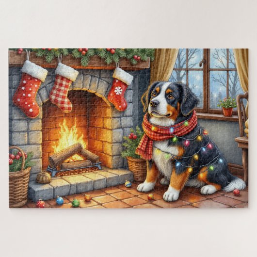 Puzzle Bernese Mountain Fireplace with Christmas Lights (Horizontal)