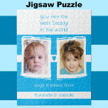 Puzzle Best daddy 2 photos ajouter des noms blanc bleu<br><div class="desc">Jigsaw puzzle idée cadeau pour le meilleur papa du monde. Pourquoi ne pas encadrer la scie quand elle a été mise en place. Ajoutez 2 photos et noms des enfants. Les câlins et les baisers des enfants. Blanc et bleu.</div>