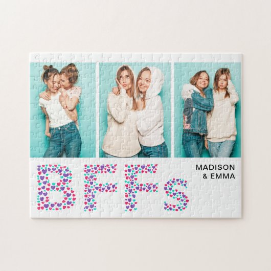 Puzzle BFF Trois photo Nom personnalisé Girly Heart (Horizontal)