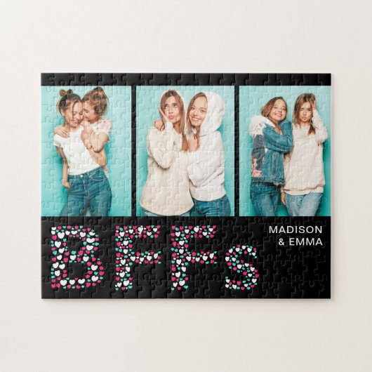 Puzzle BFF Trois photo Nom personnalisé Girly Heart (Horizontal)