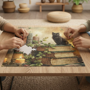 Puzzle Bibliothèque de chat noir enchantée