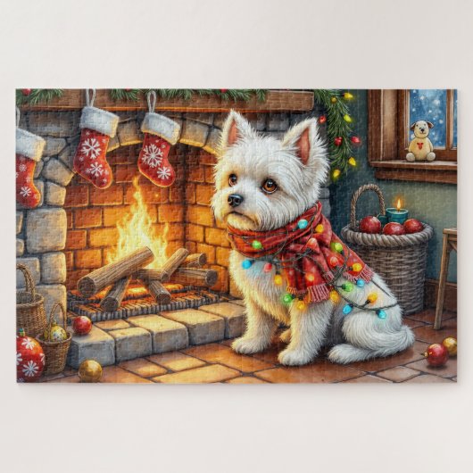 Puzzle Bichon Frise Cheminée avec Lumières de Noël (Horizontal)